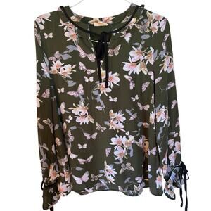 Entro Women’s Small ruffle long sleeve Boho Feminine floral top Bishop Sleeves